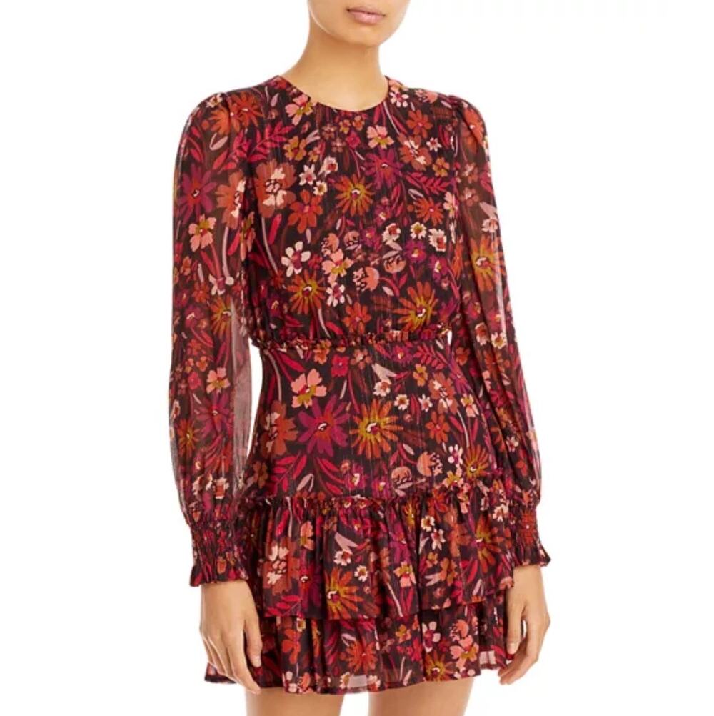 Aqua Metallic boho ruffled tiered Floral Mini Dress long sleeve women's dress XS